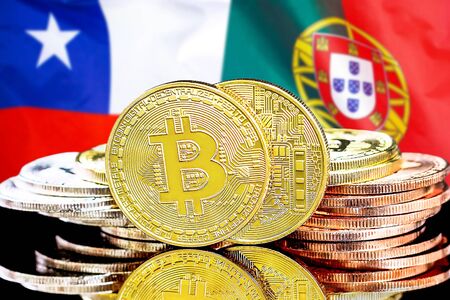 Concept for investors in cryptocurrency and Blockchain technology in the Chile and Portugal. Bitcoins on the background of the flag Chile and Portugal.の写真素材