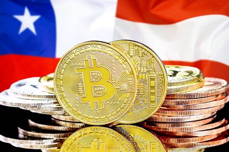 Concept for investors in cryptocurrency and Blockchain technology in the Chile and Austria. Bitcoins on the background of the flag Chile and Austria.の写真素材
