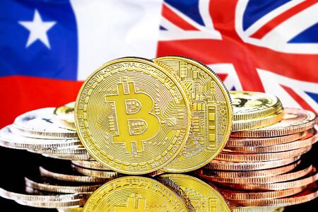 Concept for investors in cryptocurrency and Blockchain technology in the Chile and United Kingdom. Bitcoins on the background of the flag Chile and UK.の写真素材