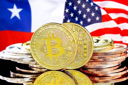 Concept for investors in cryptocurrency and Blockchain technology in the Chile and United States of America. Bitcoins on the background of the flag Chile and US.の写真素材