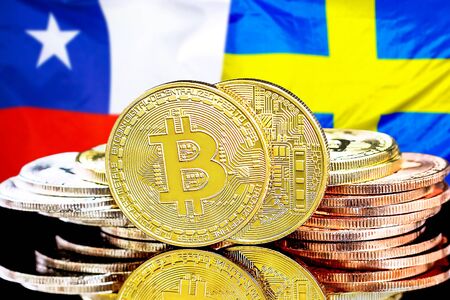 Concept for investors in cryptocurrency and Blockchain technology in the Chile and Sweden. Bitcoins on the background of the flag Chile and Sweden.の写真素材