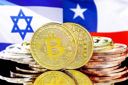 Concept for investors in cryptocurrency and Blockchain technology in the Chile and Israel. Bitcoins on the background of the flag Chile and Israel.の写真素材