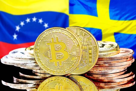 Concept for investors in cryptocurrency and Blockchain technology in the Venezuela and Sweden. Bitcoins on the background of the flag Venezuela and Sweden.の写真素材