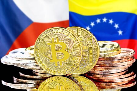 Concept for investors in cryptocurrency and Blockchain technology in the Venezuela and Czech Republic. Bitcoins on the background of the flag Venezuela and Czech Republic.の写真素材