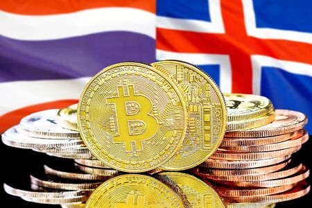 Concept for investors in cryptocurrency and Blockchain technology in the Thailand and Iceland. Bitcoins on the background of the flag Thailand and Iceland.の写真素材