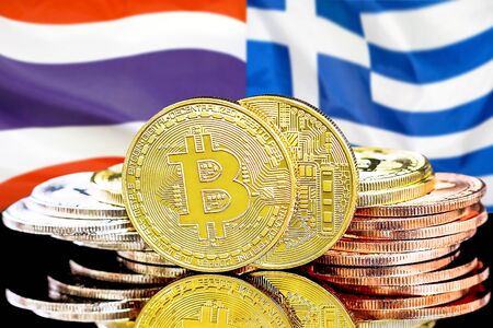 Concept for investors in cryptocurrency and Blockchain technology in the Thailand and Greece. Bitcoins on the background of the flag Thailand and Greece.の写真素材