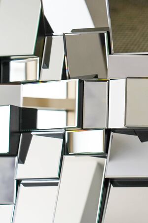 Mirror with foursquare in wall, decoration and reflection. Abstract glass background. Polygonal...