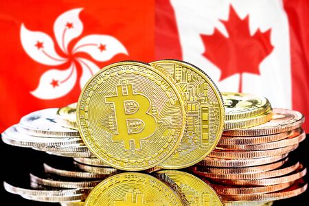 Concept for investors in cryptocurrency and Blockchain technology in the Hong Kong and Canada. Bitcoins on the background of the flag Hong Kong and Canada.の写真素材