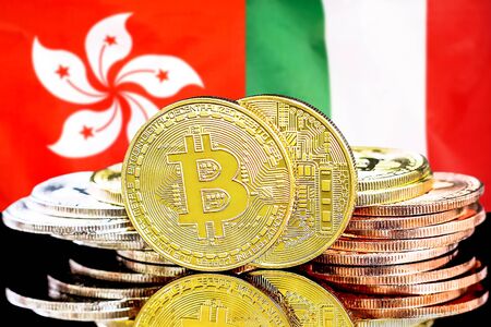 Concept for investors in cryptocurrency and Blockchain technology in the Hong Kong and Italy. Bitcoins on the background of the flag Hong Kong and Italy.の写真素材
