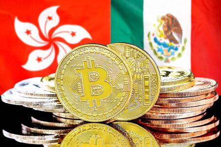 Concept for investors in cryptocurrency and Blockchain technology in the Hong Kong and Mexico. Bitcoins on the background of the flag Hong Kong and Mexico.の写真素材
