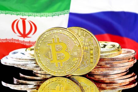 Concept for investors in cryptocurrency and Blockchain technology in the Iran and Russia. Bitcoins on the background of the flag Iran and Russia.の写真素材