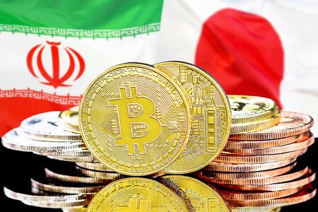 Concept for investors in cryptocurrency and Blockchain technology in the Iran and Japan. Bitcoins on the background of the flag Iran and Japan.の写真素材