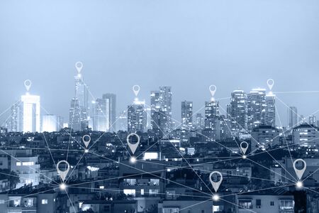 Location gps  or Map pin flat above blue tone city scape and network connection concept. Blue tone city scape and network connection concept.の写真素材