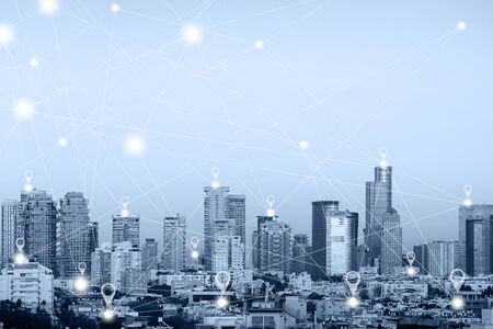 Location gps  or Map pin flat above blue tone city scape and network connection concept. Blue tone city scape and network connection concept.の写真素材