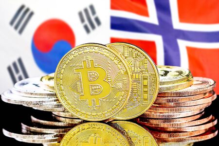 Concept for investors in cryptocurrency and Blockchain technology in the South Korea and Norway. Bitcoins on the background of the flag South Korea and Norway.の写真素材
