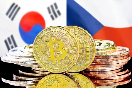 Concept for investors in cryptocurrency and Blockchain technology in the South Korea and Czech Republic. Bitcoins on the background of the flag South Korea and Czech Republic.の写真素材