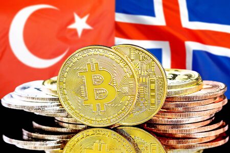 Concept for investors in cryptocurrency and Blockchain technology in the Turkey and Iceland. Bitcoins on the background of the flag Turkey and Iceland.の写真素材