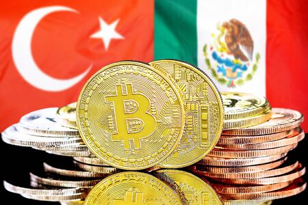 Concept for investors in cryptocurrency and Blockchain technology in the Turkey and Mexico. Bitcoins on the background of the flag Turkey and Mexico.の写真素材