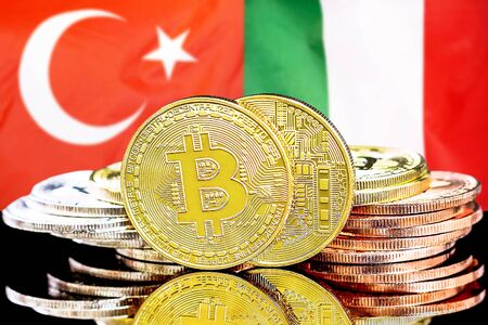 Concept for investors in cryptocurrency and Blockchain technology in the Turkey and Italy. Bitcoins on the background of the flag Turkey and Italy.の写真素材