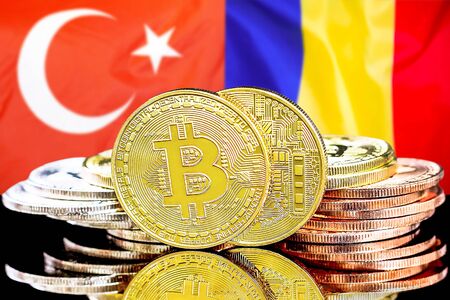 Concept for investors in cryptocurrency and Blockchain technology in the Turkey and Moldova. Bitcoins on the background of the flag Turkey and Moldova.の写真素材
