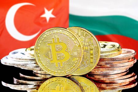 Concept for investors in cryptocurrency and Blockchain technology in the Turkey and Bulgaria. Bitcoins on the background of the flag Turkey and Bulgaria.の写真素材