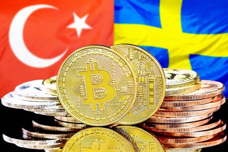 Concept for investors in cryptocurrency and Blockchain technology in the Turkey and Sweden. Bitcoins on the background of the flag Turkey and Sweden.の写真素材