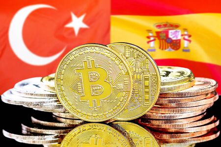 Concept for investors in cryptocurrency and Blockchain technology in the Turkey and Spain. Bitcoins on the background of the flag Turkey and Spain.の写真素材
