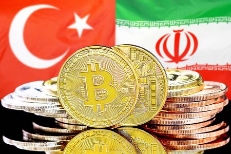 Concept for investors in cryptocurrency and Blockchain technology in the Turkey and Iran. Bitcoins on the background of the flag Turkey and Iran.の写真素材