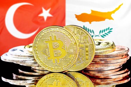 Concept for investors in cryptocurrency and Blockchain technology in the Turkey and Cyprus. Bitcoins on the background of the flag Turkey and Cyprus.の写真素材