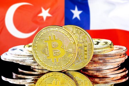 Concept for investors in cryptocurrency and Blockchain technology in the Turkey and Chile. Bitcoins on the background of the flag Turkey and Chile.の写真素材