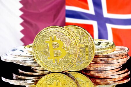 Concept for investors in cryptocurrency and Blockchain technology in the Qatar and Norway. Bitcoins on the background of the flag Qatar and Norway.の写真素材
