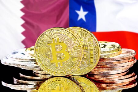 Concept for investors in cryptocurrency and Blockchain technology in the Qatar and Chile. Bitcoins on the background of the flag Qatar and Chile.の写真素材