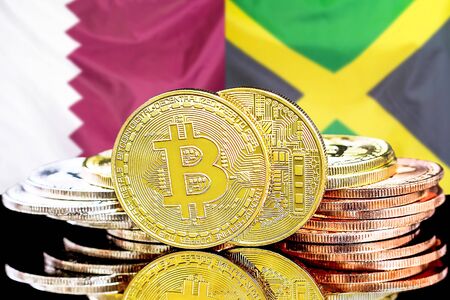 Concept for investors in cryptocurrency and Blockchain technology in the Qatar and Jamaica. Bitcoins on the background of the flag Qatar and Jamaica.の写真素材