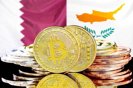 Concept for investors in cryptocurrency and Blockchain technology in the Qatar and Cyprus. Bitcoins on the background of the flag Qatar and Cyprus.の写真素材