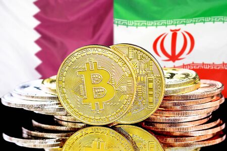 Concept for investors in cryptocurrency and Blockchain technology in the Qatar and Iran. Bitcoins on the background of the flag Qatar and Iran.の写真素材