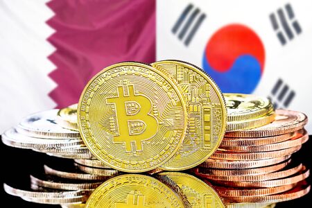 Concept for investors in cryptocurrency and Blockchain technology in the Qatar and South Korea. Bitcoins on the background of the flag Qatar and South Korea.の写真素材