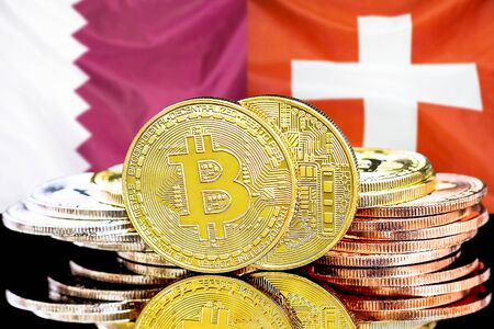 Concept for investors in cryptocurrency and Blockchain technology in the Qatar and Switzerland. Bitcoins on the background of the flag Qatar and Switzerland.の写真素材