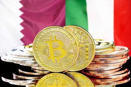 Concept for investors in cryptocurrency and Blockchain technology in the Qatar and Italy. Bitcoins on the background of the flag Qatar and Italy.の写真素材