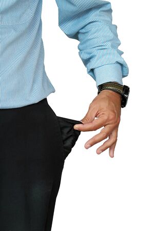 Closeup hand of a businessman in a suit pocket turning his pants inside out and showing his empty pocket isolated on a white background. The crisis.の写真素材