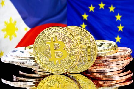 Concept for investors in cryptocurrency and Blockchain technology in the Philippines and European Union. Bitcoins on the background of the flag Philippines and European Union.の写真素材