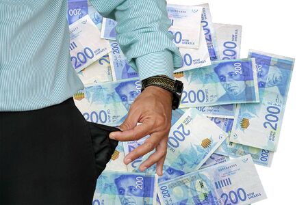 Hand of senior businessman in suit turning pocket of his trousers inside out and showing it empty....