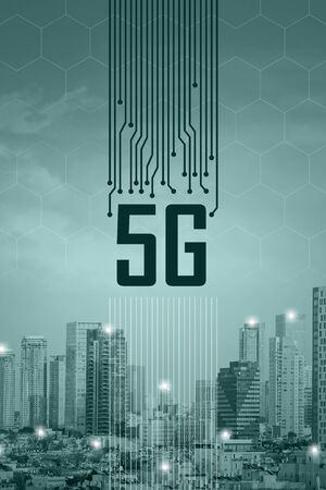 5G technology. Modern city and communication network, Smart City. Internet of things. Smart grid. Conceptual abstraction. Green tone city scape and network connection concept.の写真素材