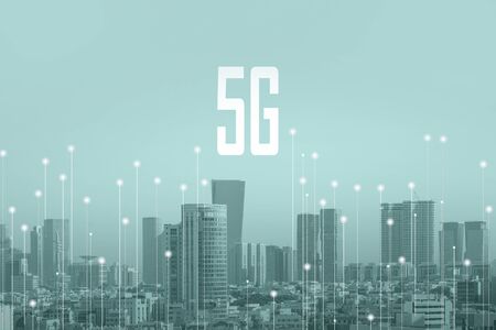 Internet of things. Smart grid. Conceptual abstraction. 5G technology. Modern city and communication network, Smart City. Green tone city scape and network connection concept.の写真素材