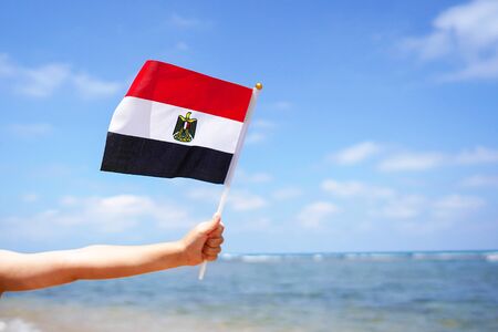 Hands of kid girl holding Egypt flag against the sea horizon. Independence Day concept.の写真素材