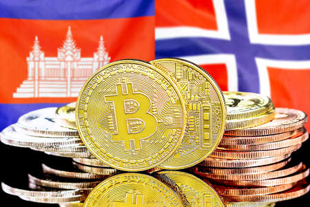 Concept for investors in cryptocurrency and Blockchain technology in the Cambodia and Norway. Bitcoins on the background of the flag Cambodia and Norway.の写真素材