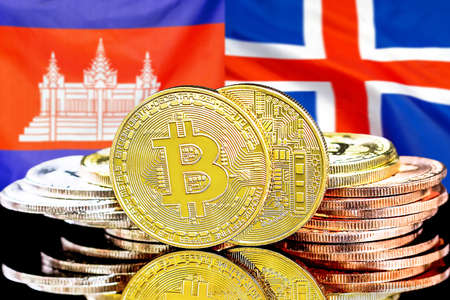 Concept for investors in cryptocurrency and Blockchain technology in the Cambodia and Iceland. Bitcoins on the background of the flag Cambodia and Iceland.の写真素材