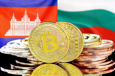 Concept for investors in cryptocurrency and Blockchain technology in the Cambodia and Bulgaria. Bitcoins on the background of the flag Cambodia and Bulgaria.の写真素材
