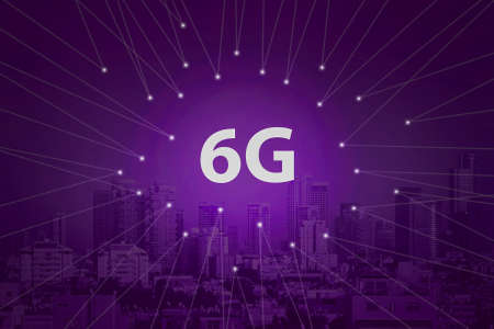 6G technology. Conceptual abstraction. Modern city and communication 6g network, smart city. Purple tone city scape and network connection concept.の写真素材
