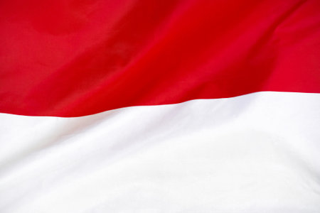 Fabric texture flag of Indonesia. Flag of Indonesia waving in the wind. Indonesia flag is depicted on a sports cloth fabric with many folds. Sport team bannerの写真素材