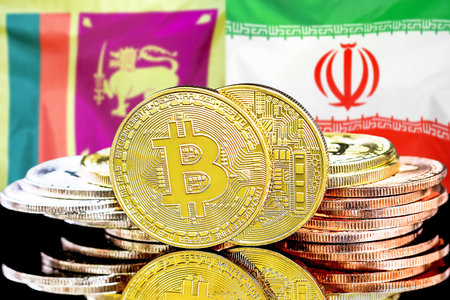 Concept for investors in cryptocurrency and Blockchain technology in the Sri Lanka and Iran. Bitcoins on the background of the flag Sri Lanka and Iran.の写真素材